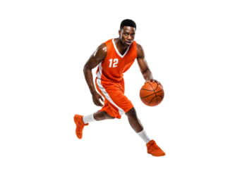 A basketball player dribbling the ball in an orange uniform. The athlete demonstrates focus and energy, poised for a dynamic move on the court