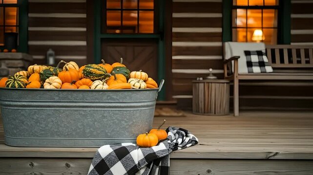 Autumn pumpkins and gourds in a metal tub on log cabin porch with rustic decor, slow zoom. Festive fall season, Thanksgiving, Halloween decoration, cozy home, harvest, rural life.