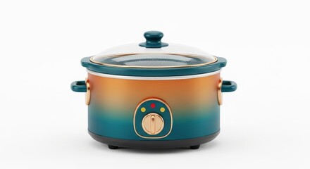 Colorful Slow Cooker with Glass Lid on White Background