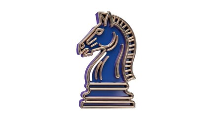 Elegant Blue Horse Chess Piece on White Background with Golden Outlines