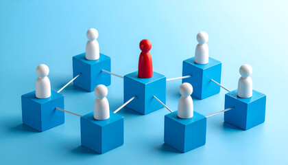 White and red figures stand on connected cubes symbolizing teamwork, unity, collaboration, and leadership in a modern business illustration.