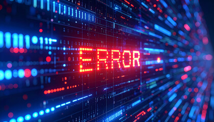 Glowing red 'ERROR' text on a dark grid symbolizes data failure, corrupted files, and database crash.