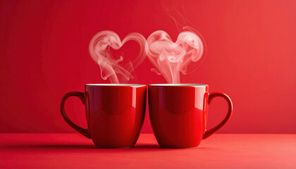 Two red coffee mugs with steam rising to form a heart shape creating a warm and inviting atmosphere