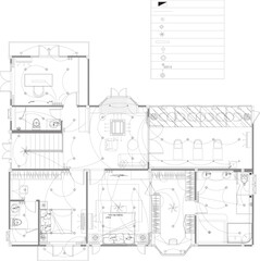 Interior Design Drawing for Residential House Second Floor &ndash; Lighting, Air Conditioning, and Furniture Layout for Bedroom, Corridor, and Bathroom