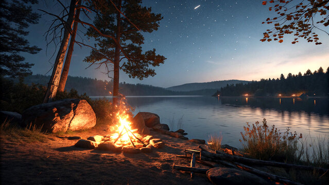 Night campfire by serene lake with shimmering reflections