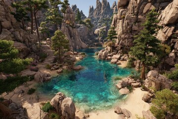 Fototapeta premium A serene canyon scene with a turquoise lake, surrounded by towering rock formations & trees