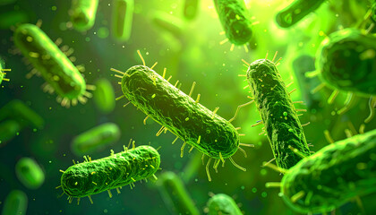 Fototapeta premium Glowing green bacteria under a microscope, symbolizing microbiology and scientific research.