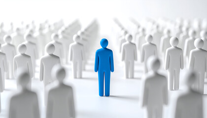 A blue figure stands in front of white figures, symbolizing innovation, vision, leadership, and forward thinking in a clean modern concept.