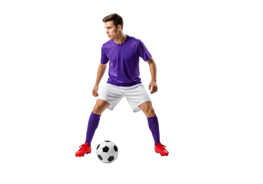 A determined soccer player focuses intensely on the ball, ready to execute a skillful maneuver - Powered by Adobe