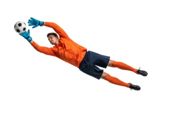 A goalkeeper dives to save a soccer ball in mid-air, showcasing athleticism and determination