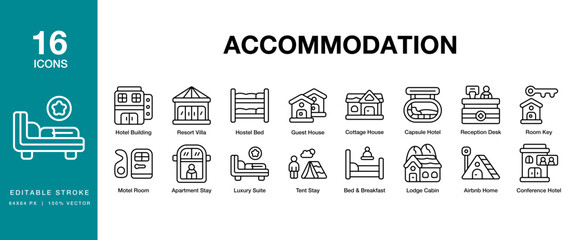 Accommodation icon set. Includes accommodation, travel, room, hotel, vacation and More. Editable Stroke Icon Collection.
