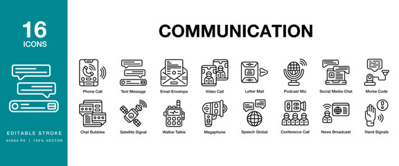 Communication icon set. Includes communication, business, people, teamwork, speech and More. Editable Stroke Icon Collection.