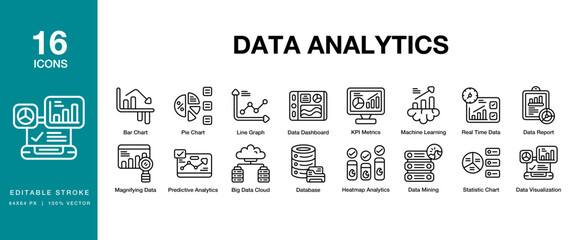 Data Analytics icon set. Includes analytics, data, digital, computer, analysis and More. Editable Stroke Icon Collection.