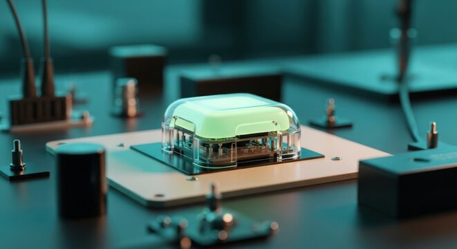 Glowing Gadget in Clear Casing on Test Bench Under Teal Lighting