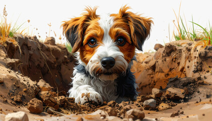 Curious dog playfully digging a hole in the dirt on a bright white background with an enthusiastic expression of fun