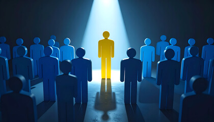 A yellow figure shines under a spotlight among blue figures, representing success, recognition, achievement, and standing out in a professional career.