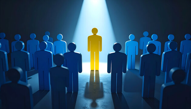 A yellow figure shines under a spotlight among blue figures, representing success, recognition, achievement, and standing out in a professional career.
