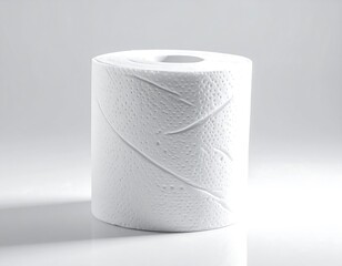 Close-up of a new roll of white toilet paper on a white surface