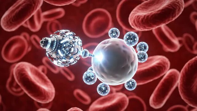 Nanobot travelling through human bloodstream with red blood cell. Microscopic view of nanotechnology robot in blood vessel technology.