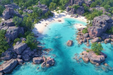 Obraz premium Aerial view of a turquoise lagoon, sandy beach, surrounded by rocky cliffs, and lush greenery