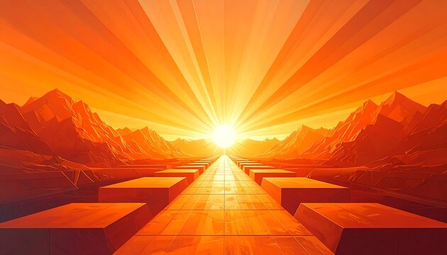 Abstract digital art of a vibrant orange sunset over a pathway