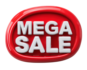Mega sale burst graphic with bold white text on shiny red background, perfect for advertising, promotion, and retail marketing, conveying excitement and urgency for shoppers