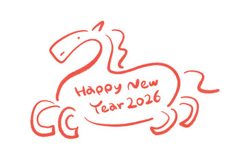 Happy new yearのロゴがある筆絵の馬のシルエット　2026 正月シンボル