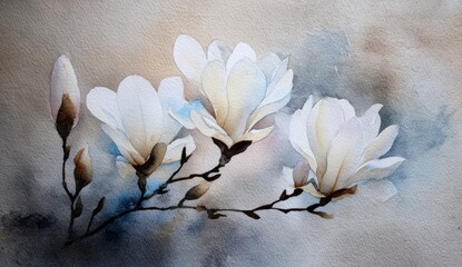 Delicate magnolia blossoms in soft pastel tones, rendered in watercolor, create a tranquil and serene artistic piece.