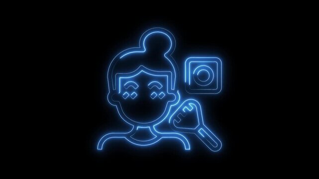 Neon woman influencer social media content creation with camera and wrench on black background