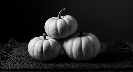Monochromatic pumpkin still life stacked gourds on rustic surface