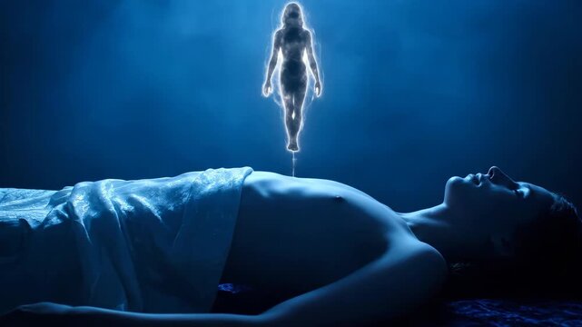 Soul leaving body. Woman's spirit rising from dead or dying physical body. Out of body experience. Spiritual journey and afterlife concept.