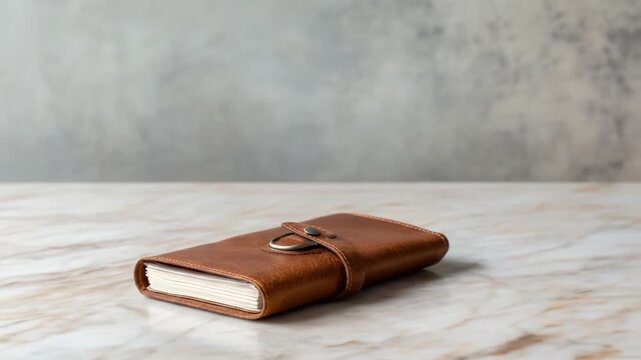 Leather bound journal on marble table top neutral background