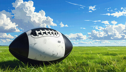 Classic black and white rugby ball resting on lush green grass field under wide open sky background