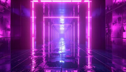 3D cube tunnel with neon purple reflections and symmetry