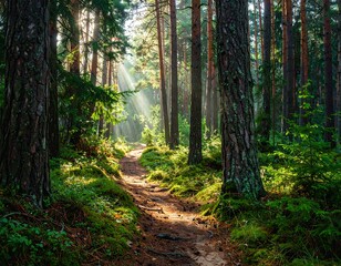 Obraz premium Sunbeams on a forest path
