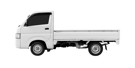 Empty side view white 4 wheel delivery mini truck isolated on white background
