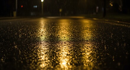 Wet asphalt road reflecting street lights at night abstract background