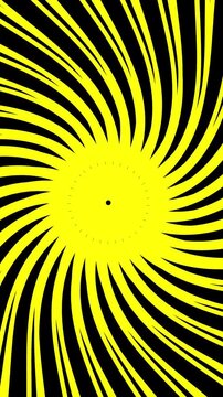 Yellow black swirl animation 4k ultra hd energy power vortex vertical video. Animated yellow black swirl motion graphics rotating radial lines vertical video.
