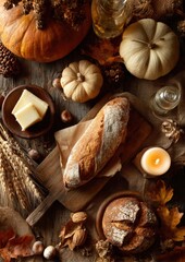 Authentic Autumn Harvest Thanksgiving Background with Fresh Bread, Pumpkin, and Seasonal Decor for Premium Lifestyle and Family Marketing Content