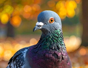 Close-up of a pigeon in vibrant autumn foliage, nature photography