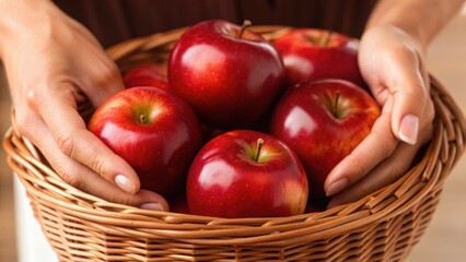 A person holding a wicker basket filled with fresh red apples, showcasing a warm and inviting scene.