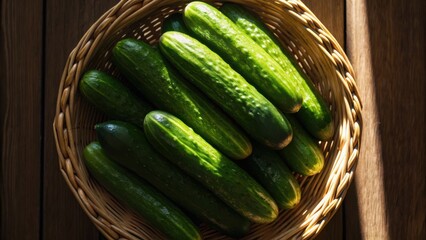 A basket filled with fresh cucumbers, showcasing their vibrant green color and smooth texture, set against a rustic wooden background.