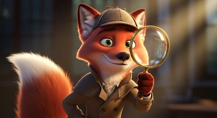 A clever animated fox character wearing a detective hat and trench coat examines something with a magnifying glass