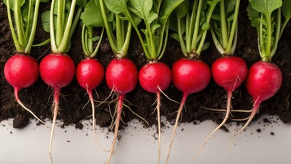 Fresh red radishes with green tops, arranged in a row, partially exposed in rich black soil, showcasing their vibrant colors and healthy appearance.
