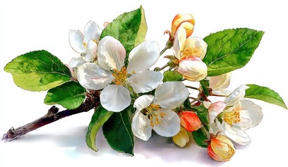 A delicate arrangement of  blossoms, leaves, and buds, painted in vibrant watercolor style, showcases a spring scene.