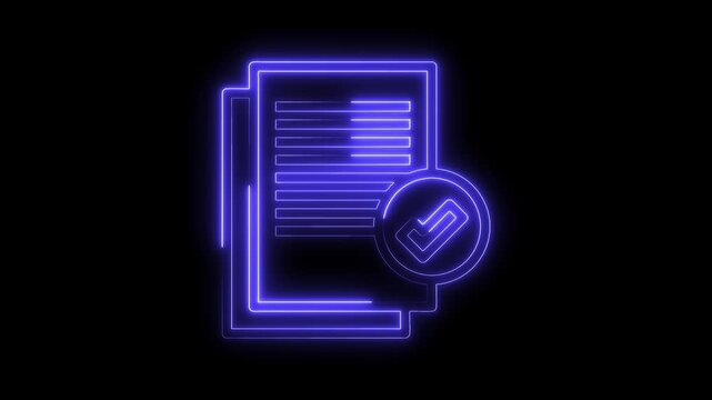 Glowing neon document with check mark animation isolated on black background for digital presentation