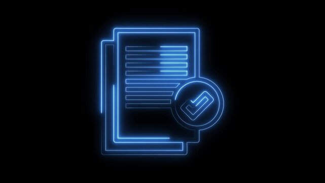 Glowing document with check mark neon style confirmation and verification concept