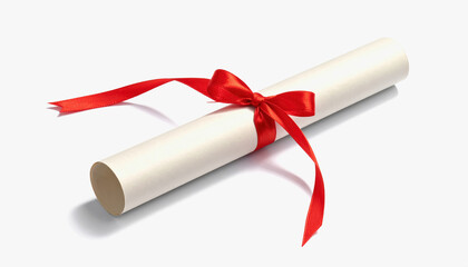 Beautifully rolled diploma securely tied with a bright red ribbon isolated on a clean white background for graduation day
