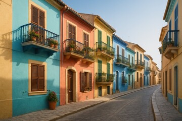 Fototapeta premium Colorful seaside facades with balconies and shutters along narrow European old town street