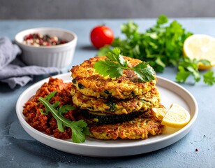 Delicious Stacked Vegetable Fritters with Rice.